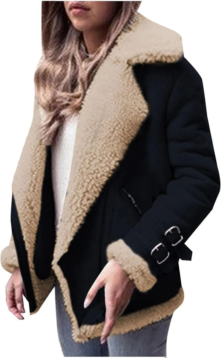 Womens Sherpa Lined Bomber Jackets Faux Shearing Moto Lamb Coat Winter Warm Fleece Zip Up Coat Plus Size Outerwear