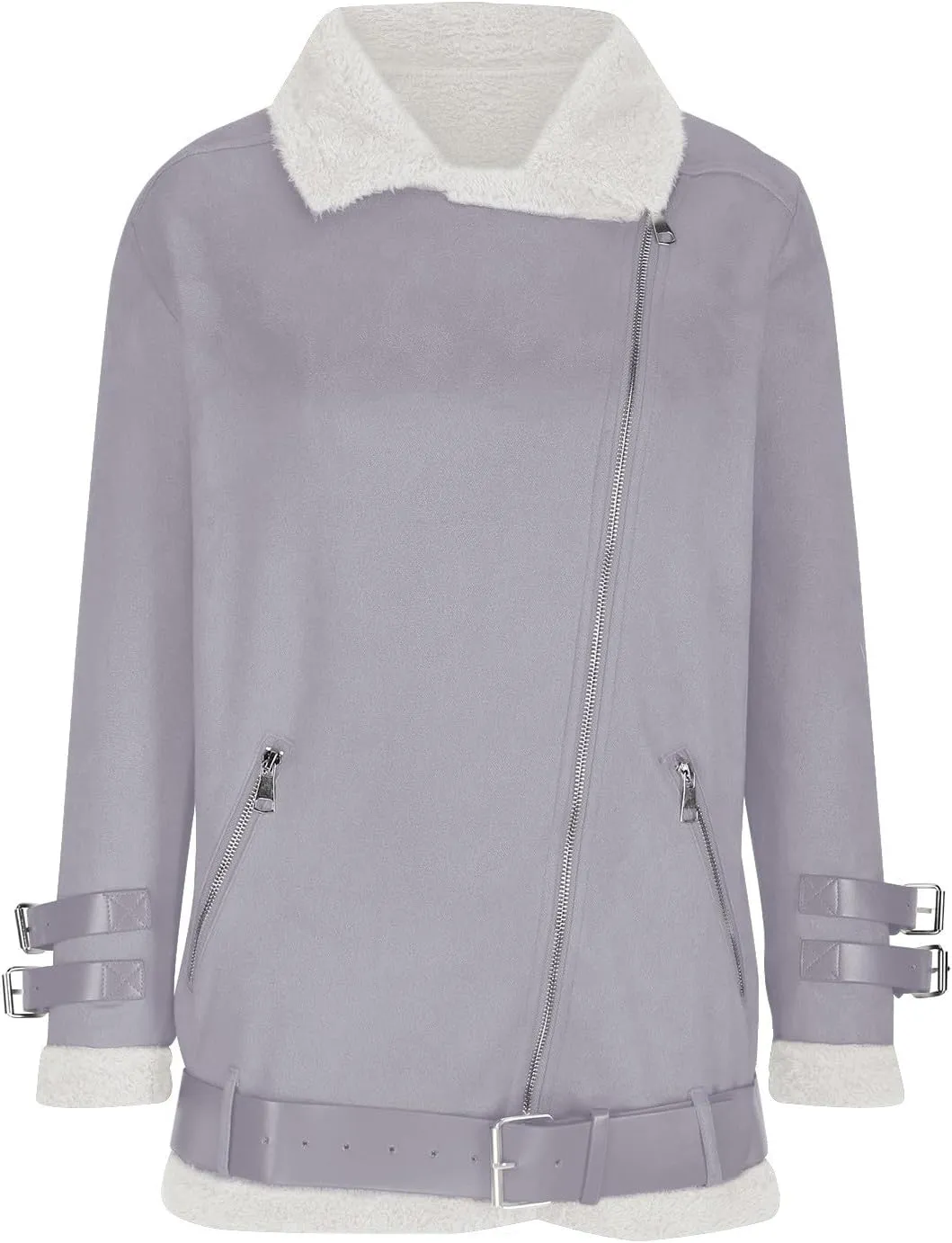 Womens Sherpa Lined Bomber Jackets Faux Shearing Moto Lamb Coat Winter Warm Fleece Zip Up Coat Plus Size Outerwear