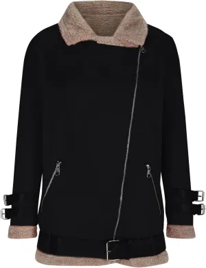 Womens Sherpa Lined Bomber Jackets Faux Shearing Moto Lamb Coat Winter Warm Fleece Zip Up Coat Plus Size Outerwear