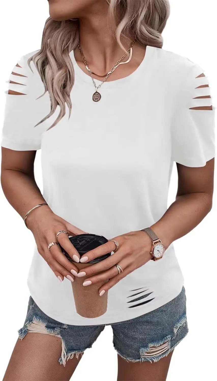Women's Short Sleeve T Shirts Crew Neck Ripped Cut Out Summer Casual Basic Tees Tops