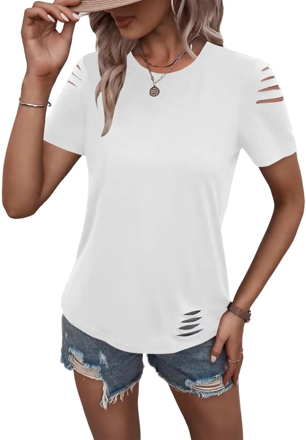 Women's Short Sleeve T Shirts Crew Neck Ripped Cut Out Summer Casual Basic Tees Tops