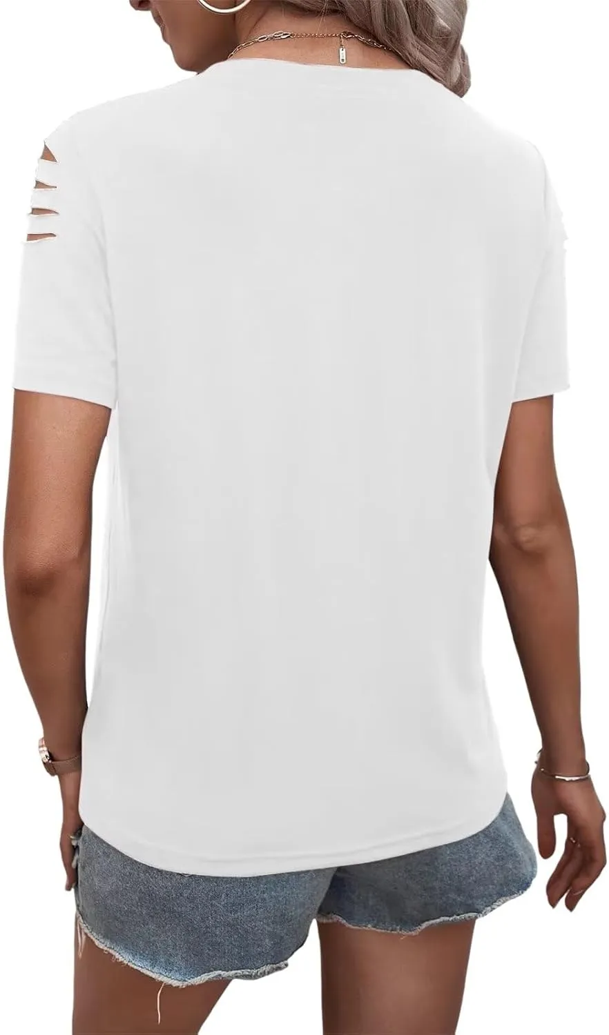 Women's Short Sleeve T Shirts Crew Neck Ripped Cut Out Summer Casual Basic Tees Tops