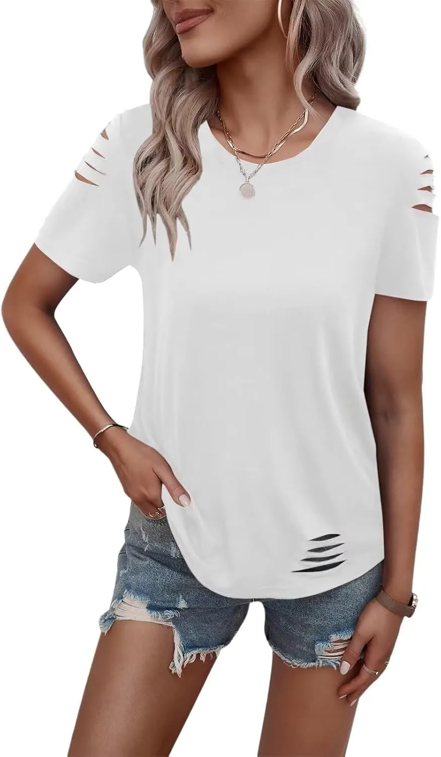 Women's Short Sleeve T Shirts Crew Neck Ripped Cut Out Summer Casual Basic Tees Tops