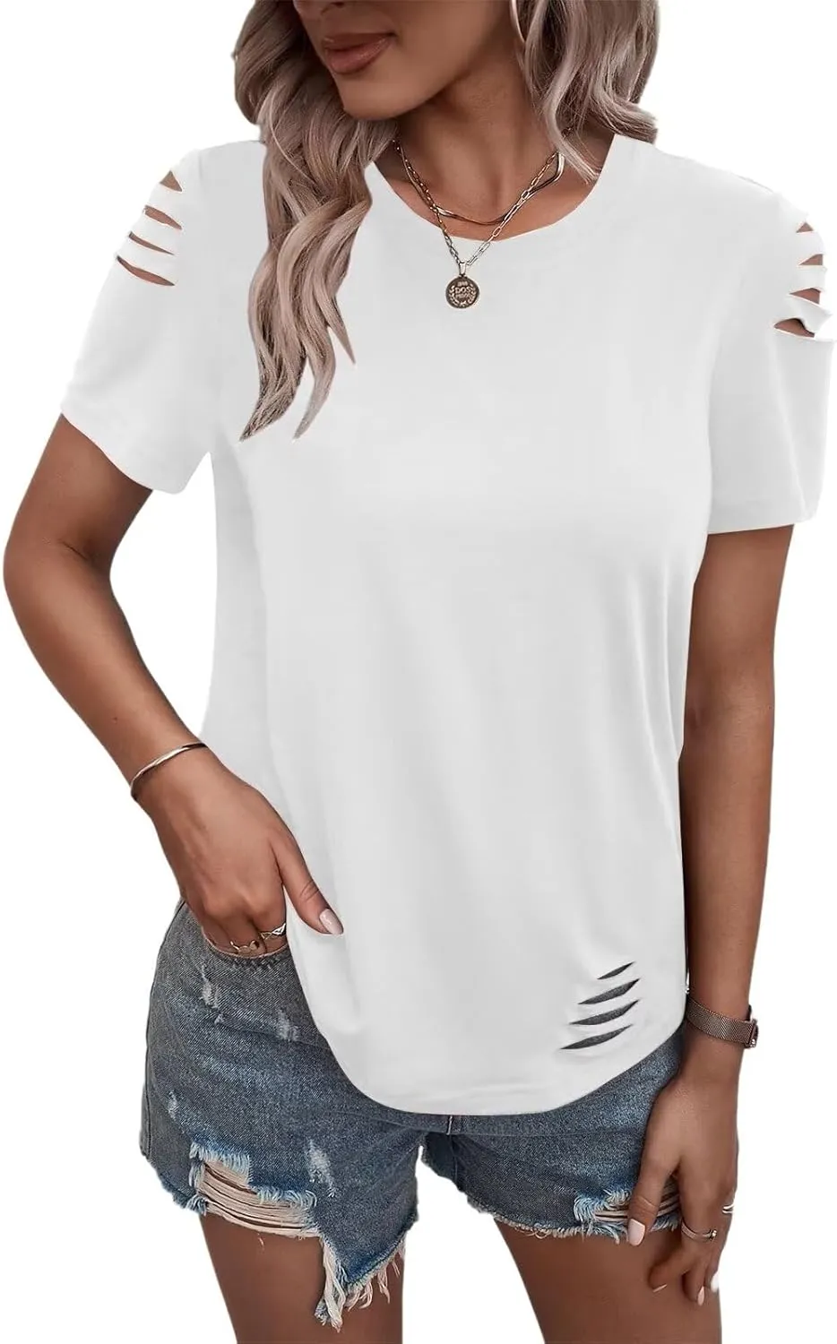 Women's Short Sleeve T Shirts Crew Neck Ripped Cut Out Summer Casual Basic Tees Tops