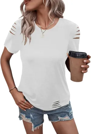Women's Short Sleeve T Shirts Crew Neck Ripped Cut Out Summer Casual Basic Tees Tops