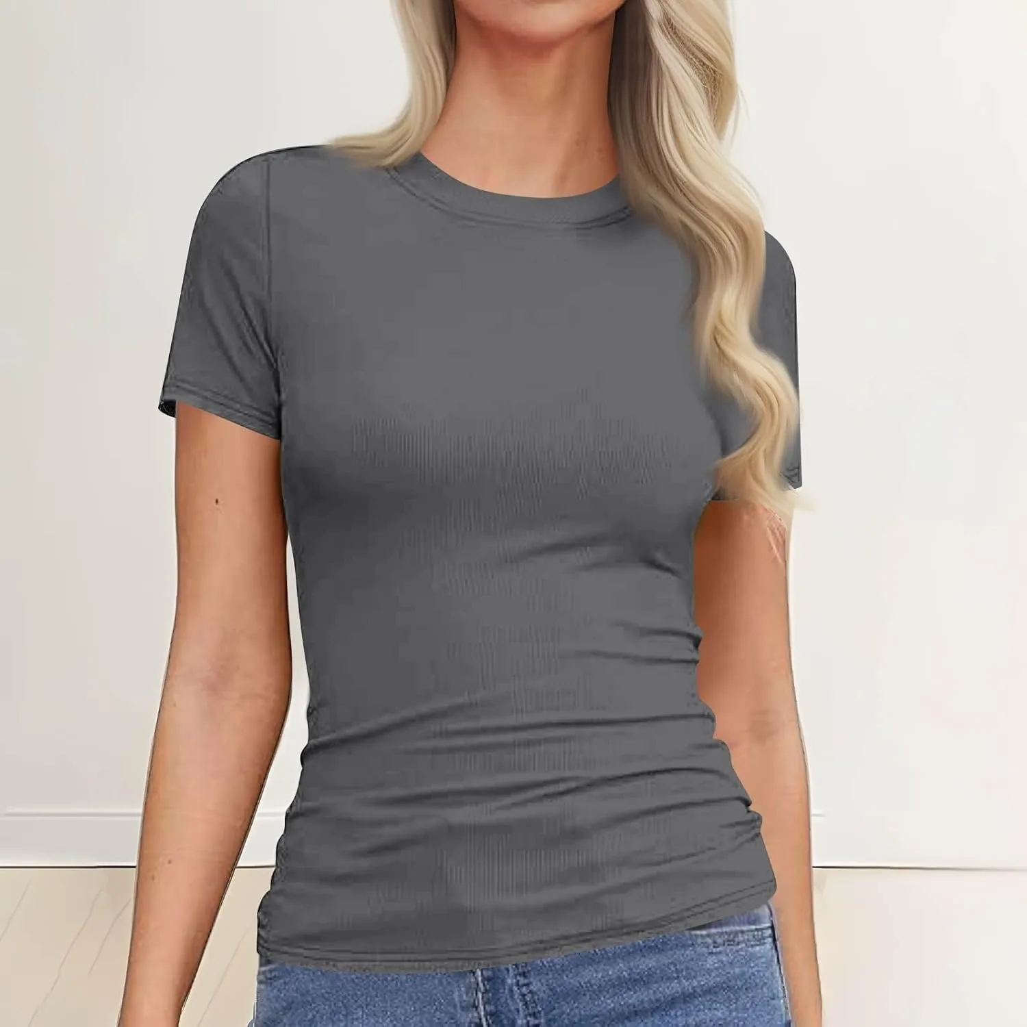 Womens Short Sleeve Tops Stretch Crewneck Ribbed T-Shirt Slim Fit Casual Summer Basic Tees
