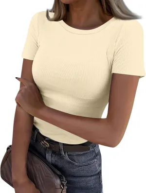 Womens Short Sleeve Tops Stretch Crewneck Ribbed T-Shirt Slim Fit Casual Summer Basic Tees