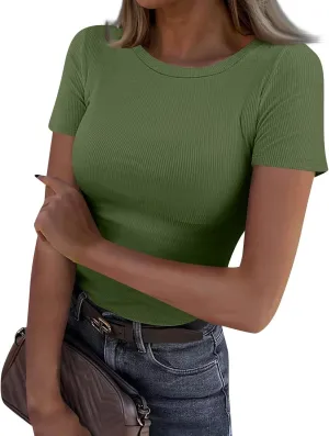 Womens Short Sleeve Tops Stretch Crewneck Ribbed T-Shirt Slim Fit Casual Summer Basic Tees
