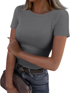 Womens Short Sleeve Tops Stretch Crewneck Ribbed T-Shirt Slim Fit Casual Summer Basic Tees