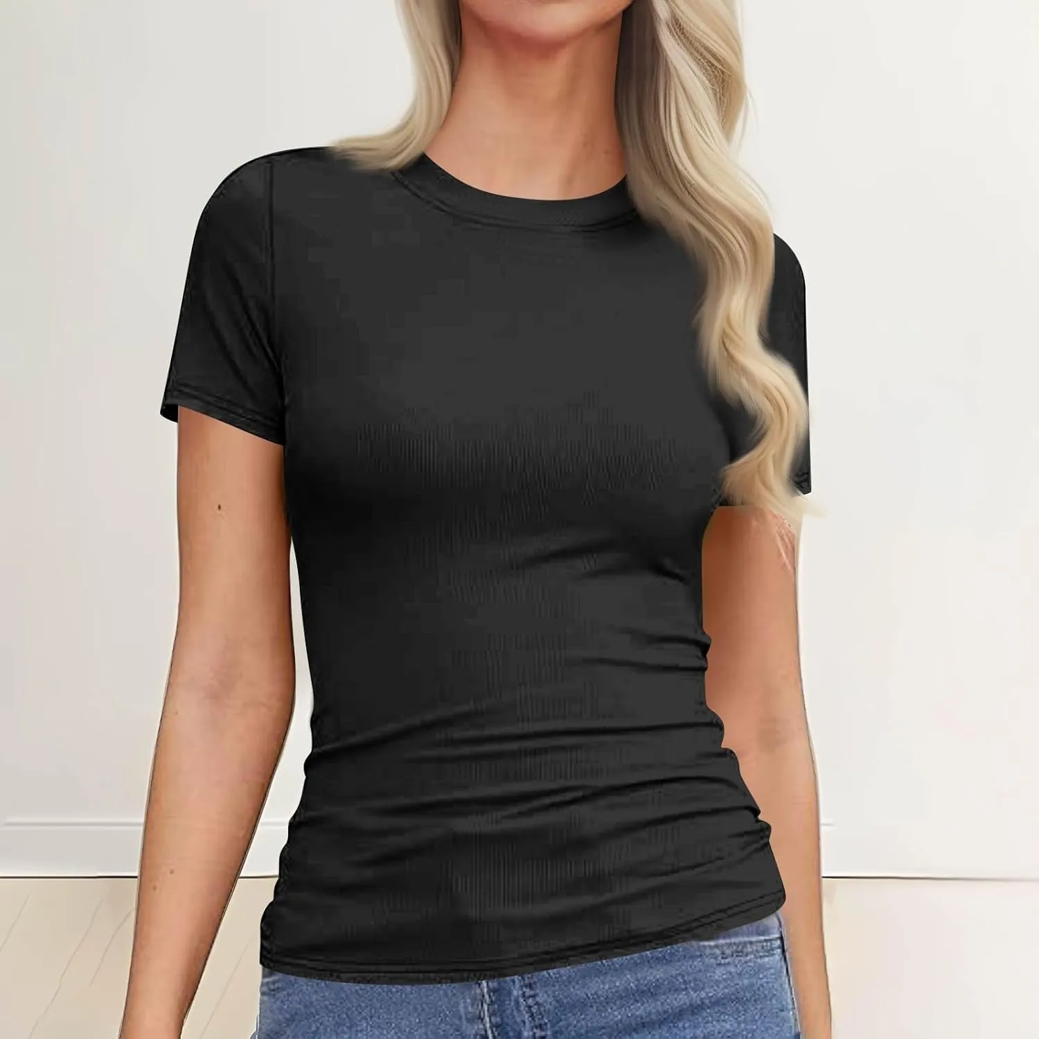 Womens Short Sleeve Tops Stretch Crewneck Ribbed T-Shirt Slim Fit Casual Summer Basic Tees