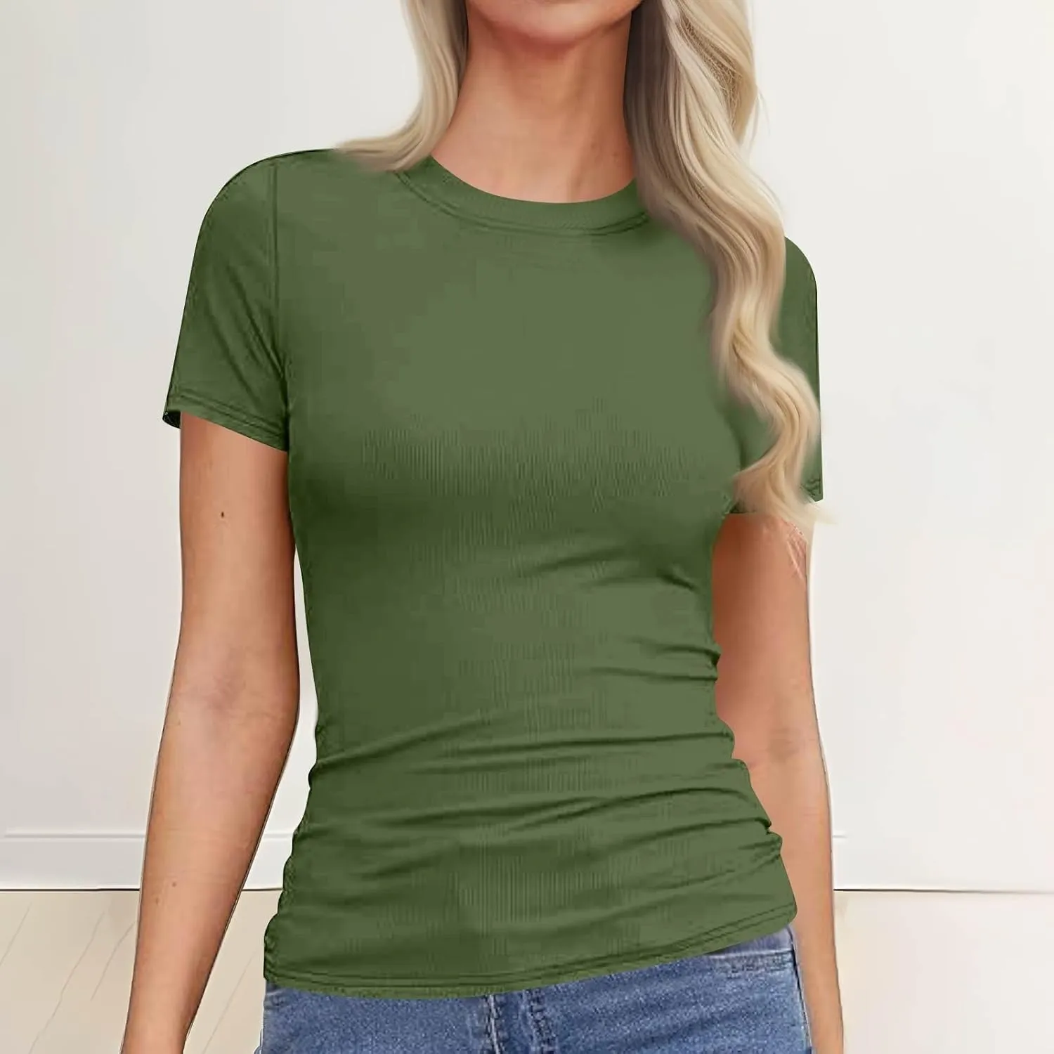 Womens Short Sleeve Tops Stretch Crewneck Ribbed T-Shirt Slim Fit Casual Summer Basic Tees