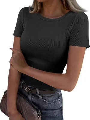 Womens Short Sleeve Tops Stretch Crewneck Ribbed T-Shirt Slim Fit Casual Summer Basic Tees
