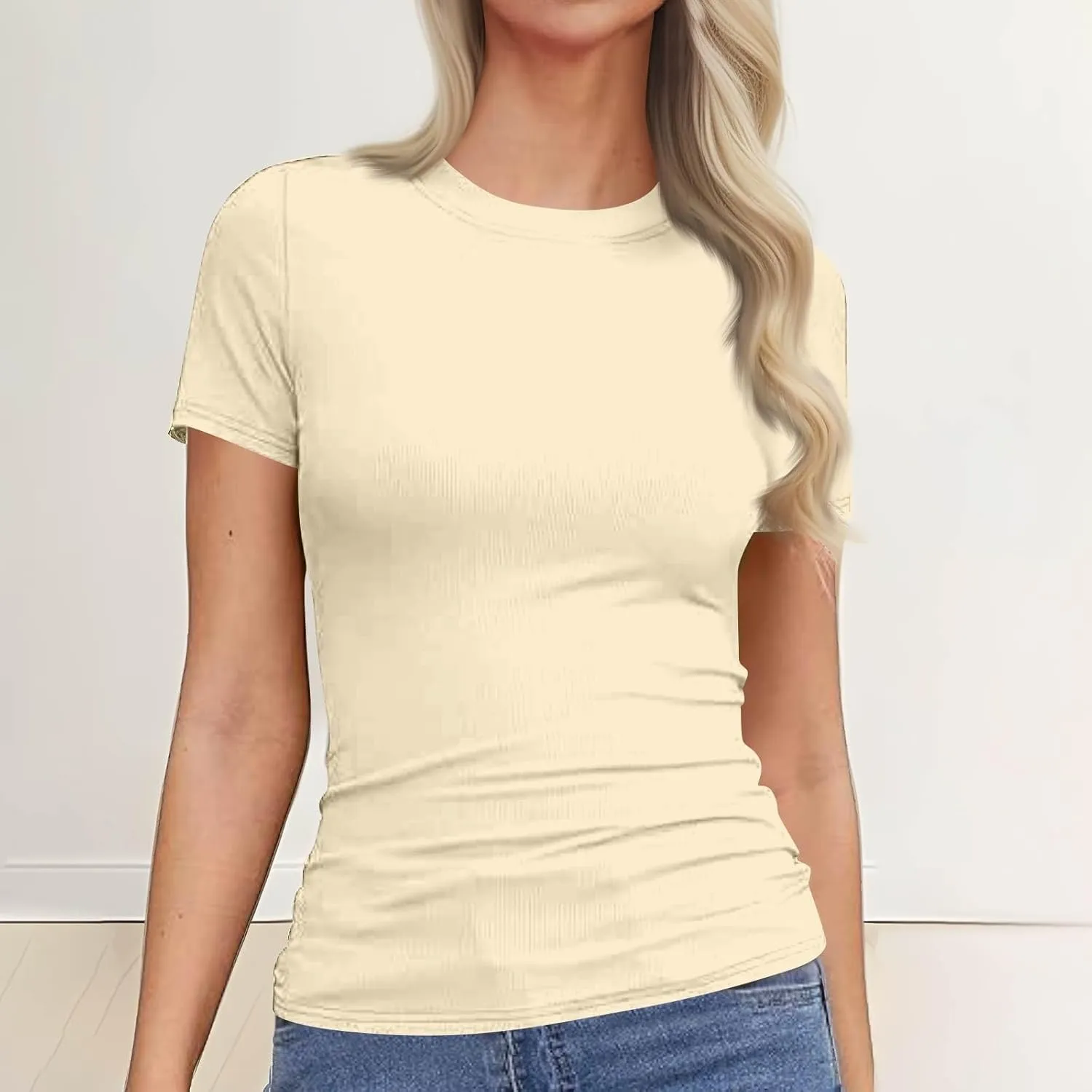 Womens Short Sleeve Tops Stretch Crewneck Ribbed T-Shirt Slim Fit Casual Summer Basic Tees