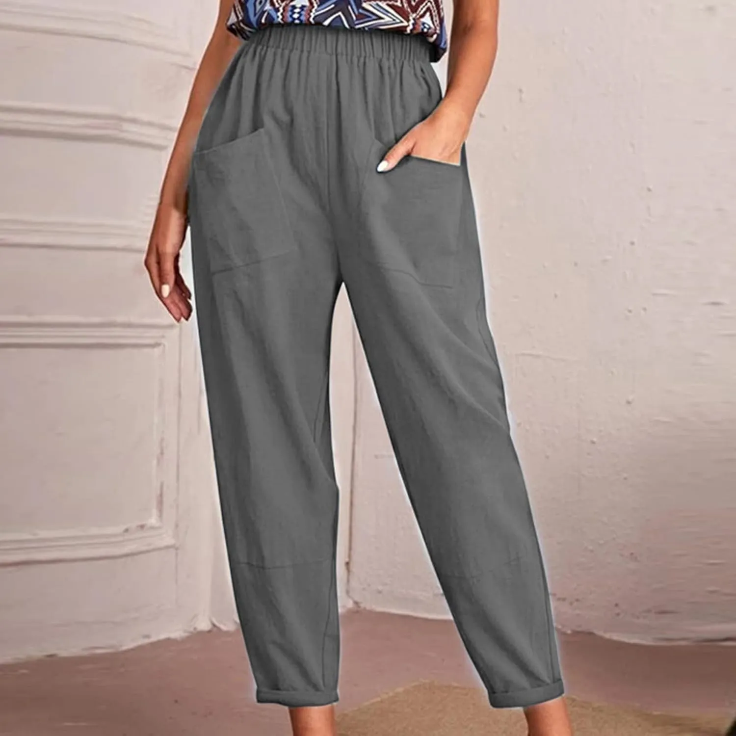 Women's Solid Casual Elastic Belt High Waist Running Sweatpants Cotton Linen Lightweight Straight Leg Fitted Cropped Trousers