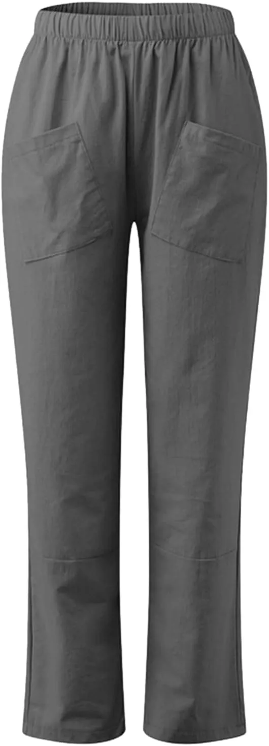 Women's Solid Casual Elastic Belt High Waist Running Sweatpants Cotton Linen Lightweight Straight Leg Fitted Cropped Trousers