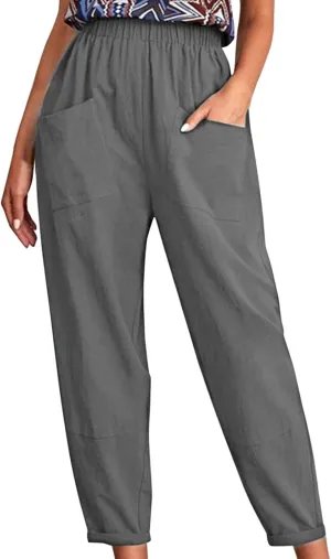 Women's Solid Casual Elastic Belt High Waist Running Sweatpants Cotton Linen Lightweight Straight Leg Fitted Cropped Trousers