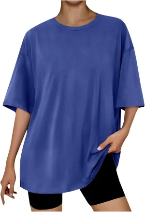 Womens Solid Crew Neck T Shirts Summer Short Sleeve Shirts Dressy Casual Tops for 2024 Going Out Tops for Plus Size