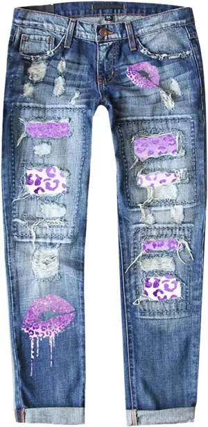 Womens Straight Leg Jeans Santa Prints Patch Mid Waist Denim Pants Stretch Slim Fit Boyfriend Destroyed Washed Ankle Trousers