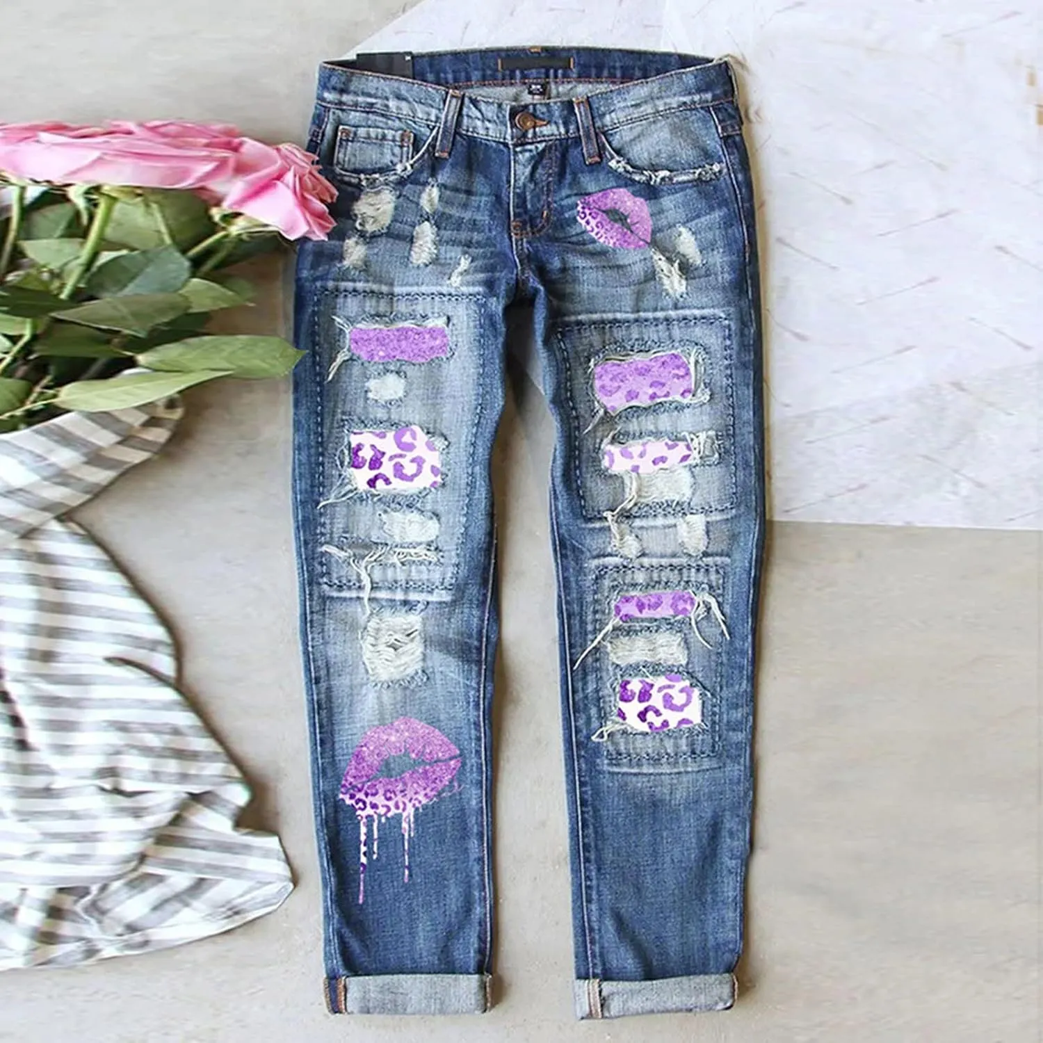 Womens Straight Leg Jeans Santa Prints Patch Mid Waist Denim Pants Stretch Slim Fit Boyfriend Destroyed Washed Ankle Trousers