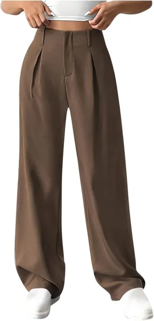 Women's Straight Leg Pants High Waisted Stretchy Business Work Casual Trousers Palazzo Wide Leg Pant with Pockets