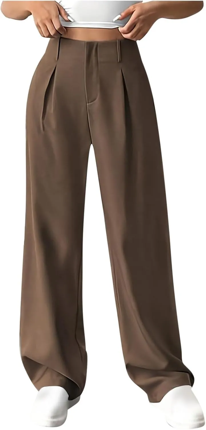 Women's Straight Leg Pants High Waisted Stretchy Business Work Casual Trousers Palazzo Wide Leg Pant with Pockets