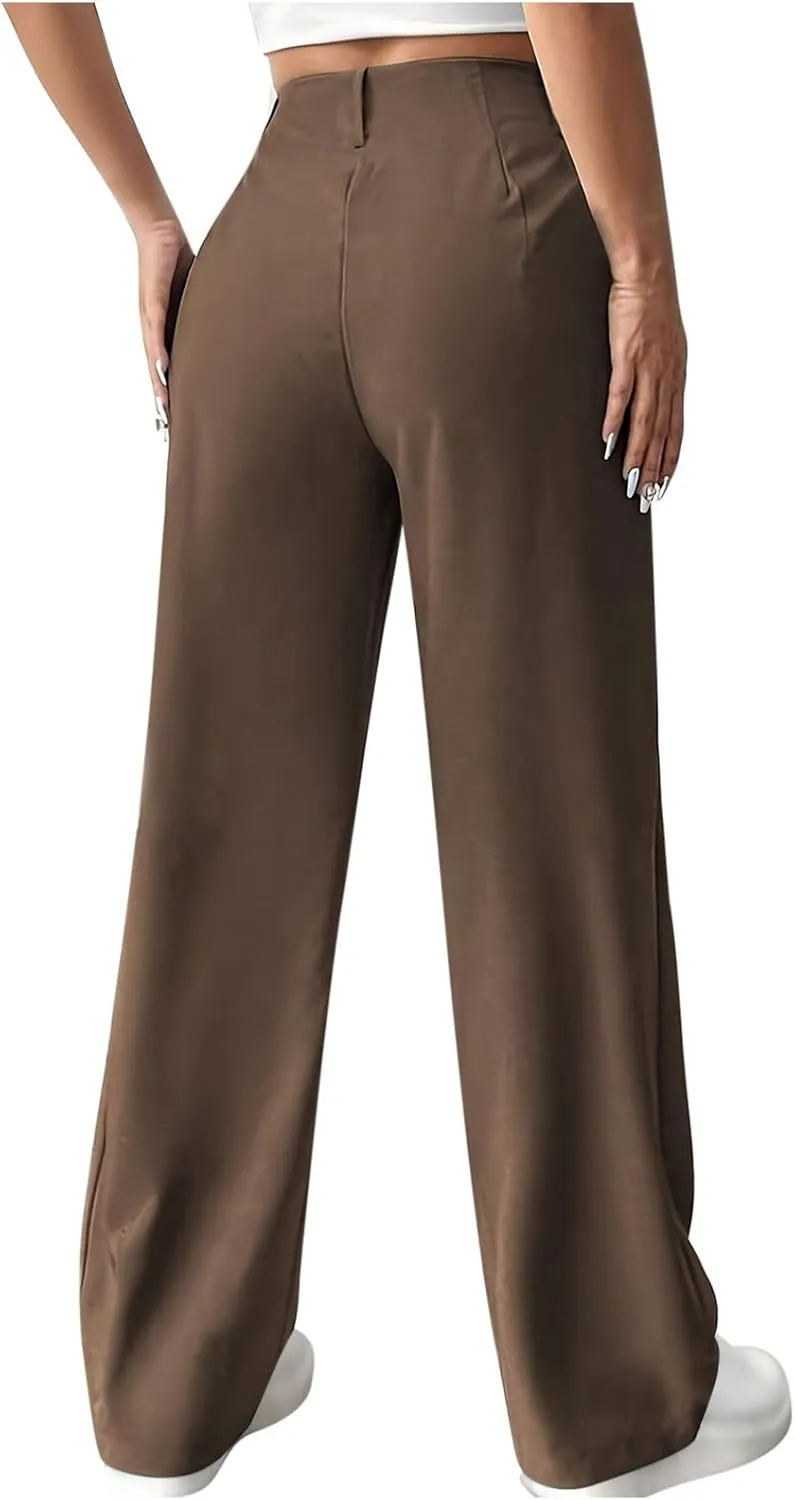 Women's Straight Leg Pants High Waisted Stretchy Business Work Casual Trousers Palazzo Wide Leg Pant with Pockets