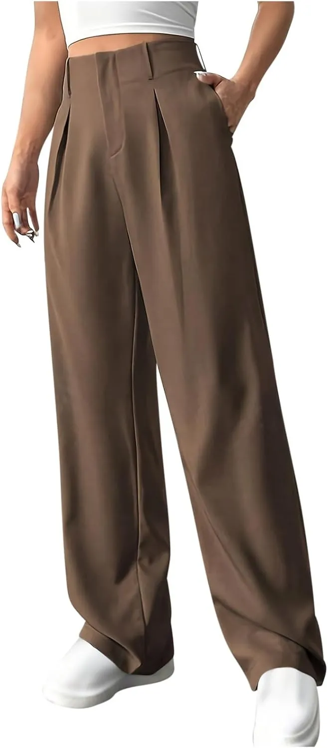 Women's Straight Leg Pants High Waisted Stretchy Business Work Casual Trousers Palazzo Wide Leg Pant with Pockets