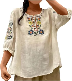 Women's Summer 3/4 Sleeve Cotton Linen Tops Embroidery Floral Blouse V Neck Button Down Loose Boho Tee Shirts