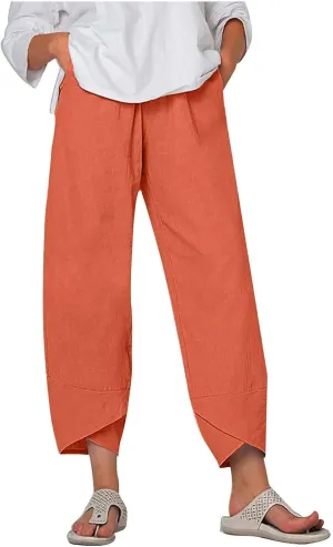 Women's Summer Cotton Linen Capri Pants Casual High Waist Cropped Trouser Tapered Leg Sweatpants Loose Workout Pants