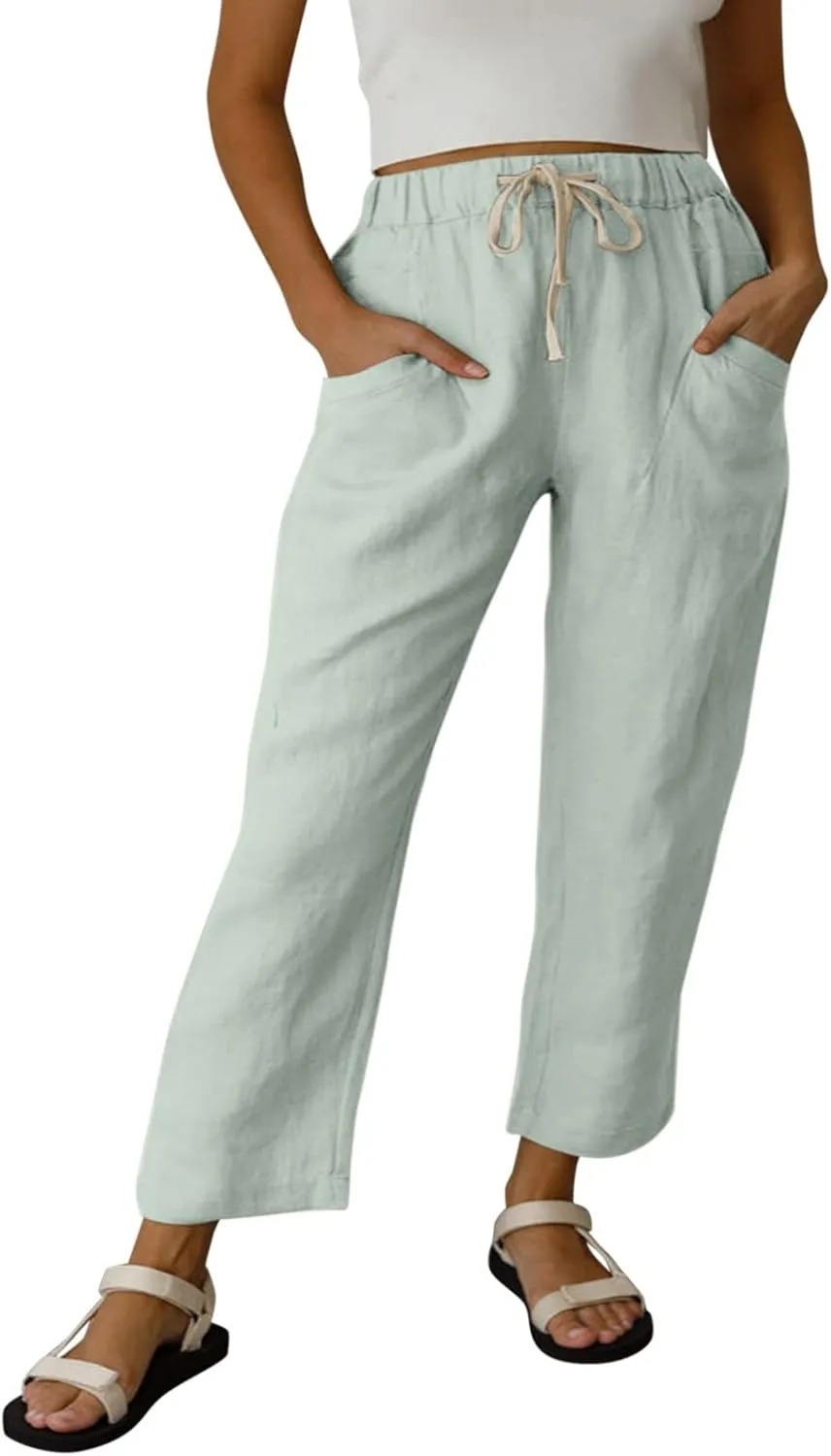 Womens Summer Linen Cropped Pants Elastic High Waisted Drawstring Casual Trousers Lightweight Wide Leg Straight-Leg Slacks