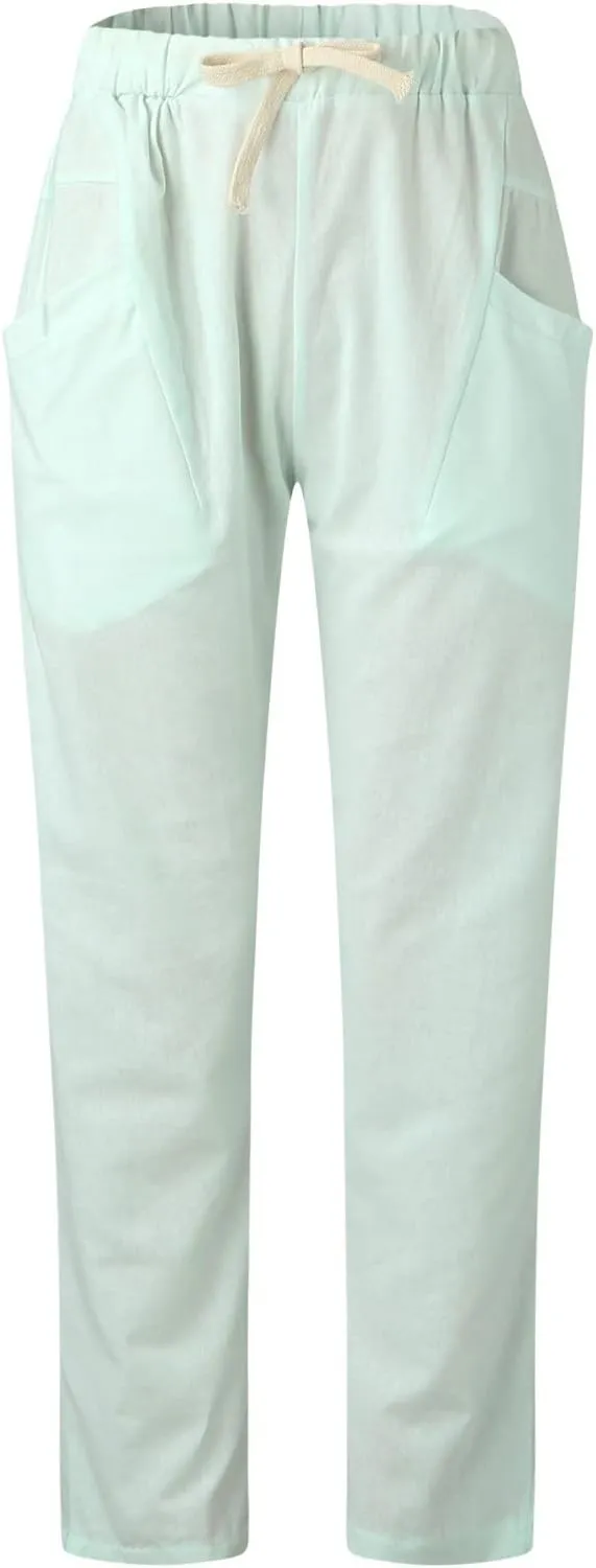 Womens Summer Linen Cropped Pants Elastic High Waisted Drawstring Casual Trousers Lightweight Wide Leg Straight-Leg Slacks