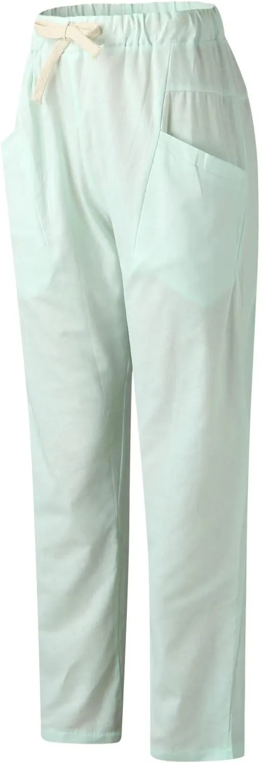Womens Summer Linen Cropped Pants Elastic High Waisted Drawstring Casual Trousers Lightweight Wide Leg Straight-Leg Slacks