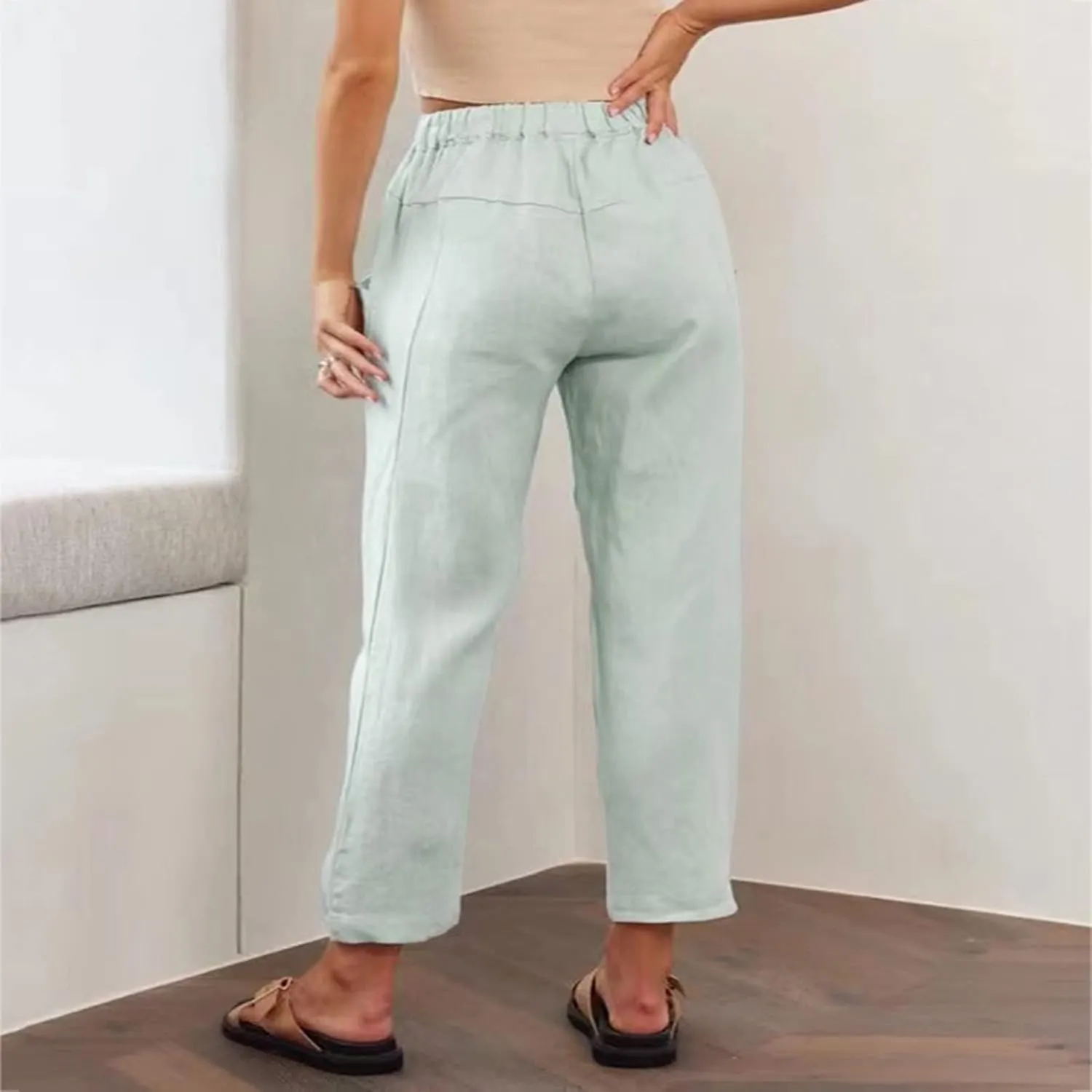 Womens Summer Linen Cropped Pants Elastic High Waisted Drawstring Casual Trousers Lightweight Wide Leg Straight-Leg Slacks