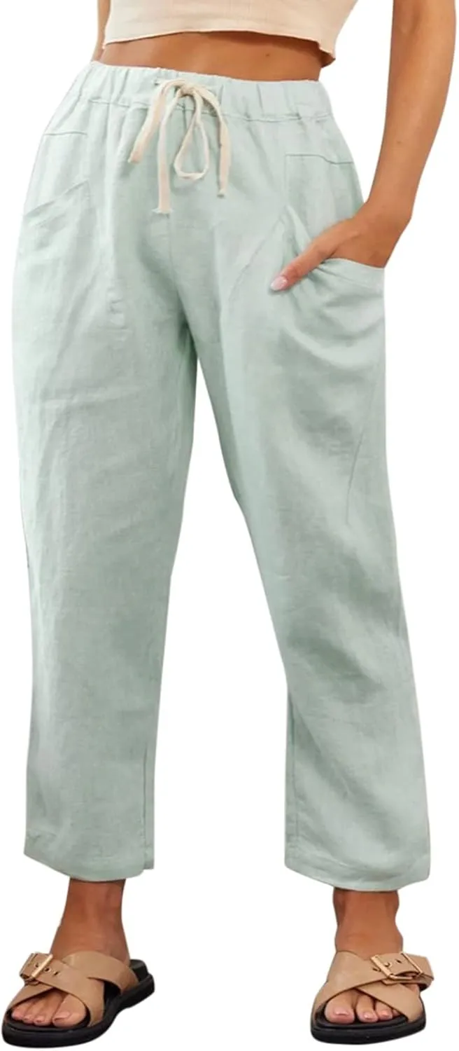 Womens Summer Linen Cropped Pants Elastic High Waisted Drawstring Casual Trousers Lightweight Wide Leg Straight-Leg Slacks