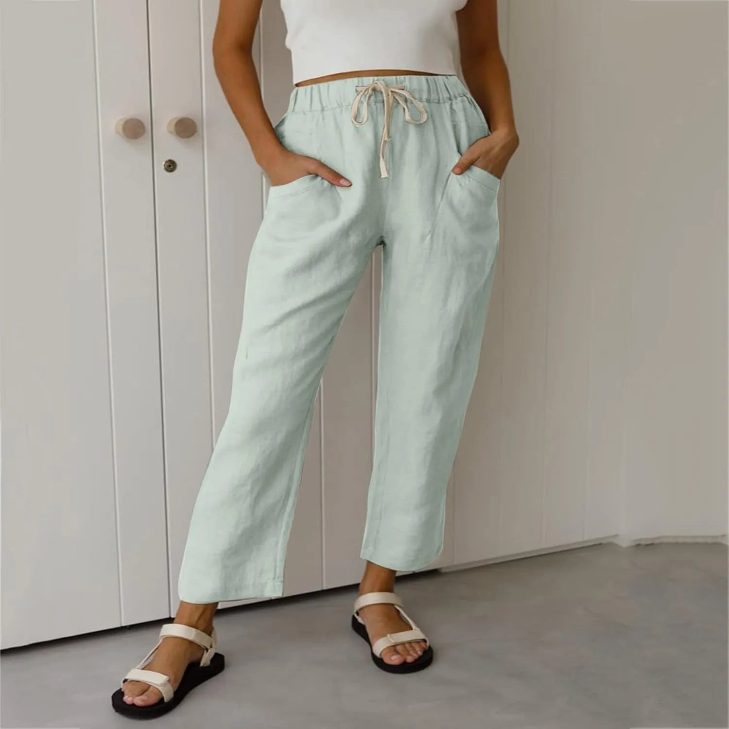 Womens Summer Linen Cropped Pants Elastic High Waisted Drawstring Casual Trousers Lightweight Wide Leg Straight-Leg Slacks