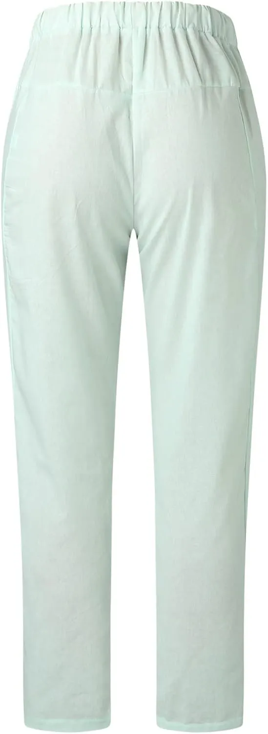 Womens Summer Linen Cropped Pants Elastic High Waisted Drawstring Casual Trousers Lightweight Wide Leg Straight-Leg Slacks