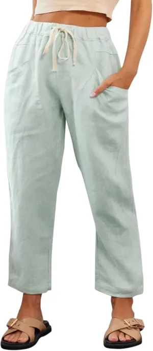 Womens Summer Linen Cropped Pants Elastic High Waisted Drawstring Casual Trousers Lightweight Wide Leg Straight-Leg Slacks