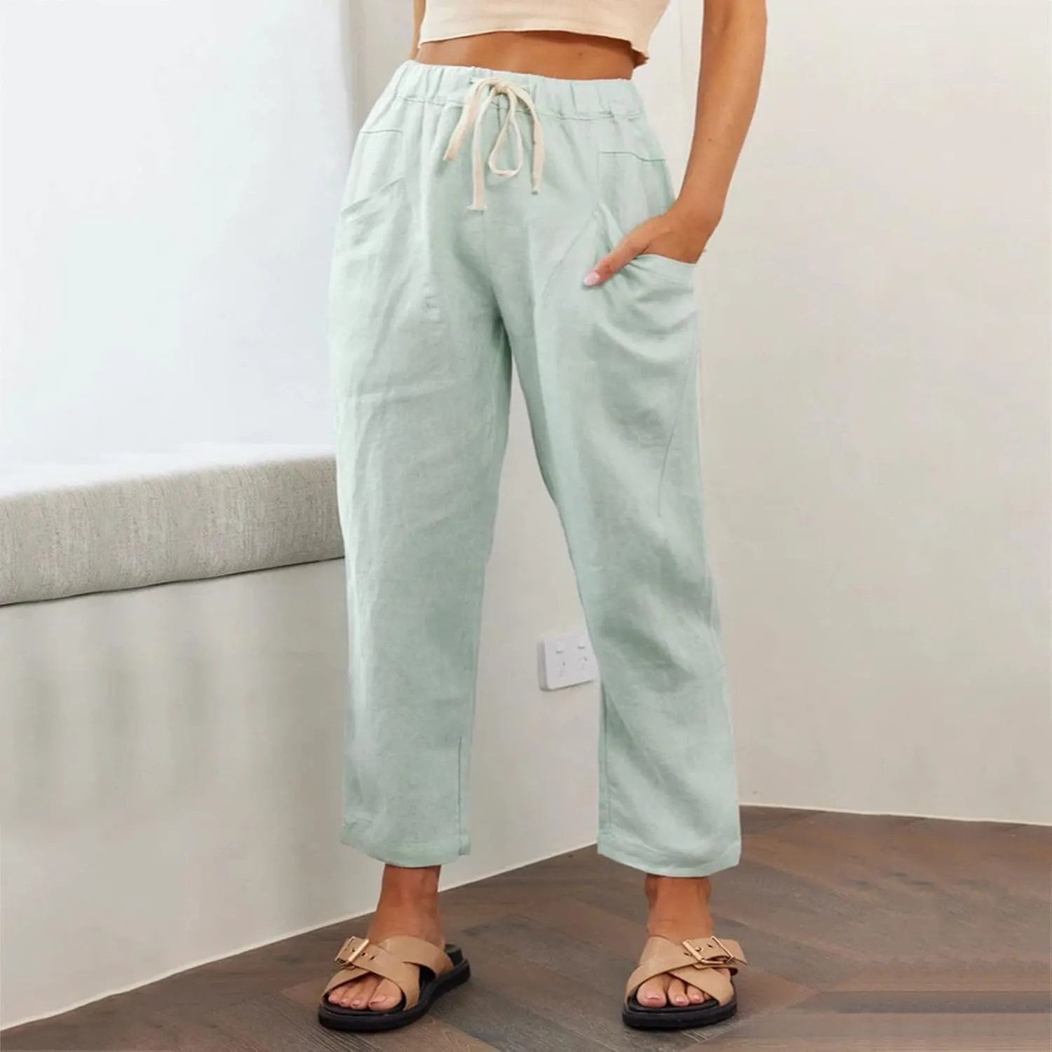 Womens Summer Linen Cropped Pants Elastic High Waisted Drawstring Casual Trousers Lightweight Wide Leg Straight-Leg Slacks