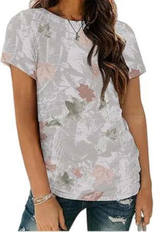 Womens Tops 2025 Casual Maple Leaf Print Graphic Tee Tops Fashion Summer T Shirts Comfy Crew Neck Short Sleeve T-Shirts