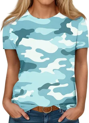 Womens Tops 2025 Summer Crew Neck Short Sleeved Camouflage T-Shirt Oversized Loose Casual Shirt Funny Graphic Tee