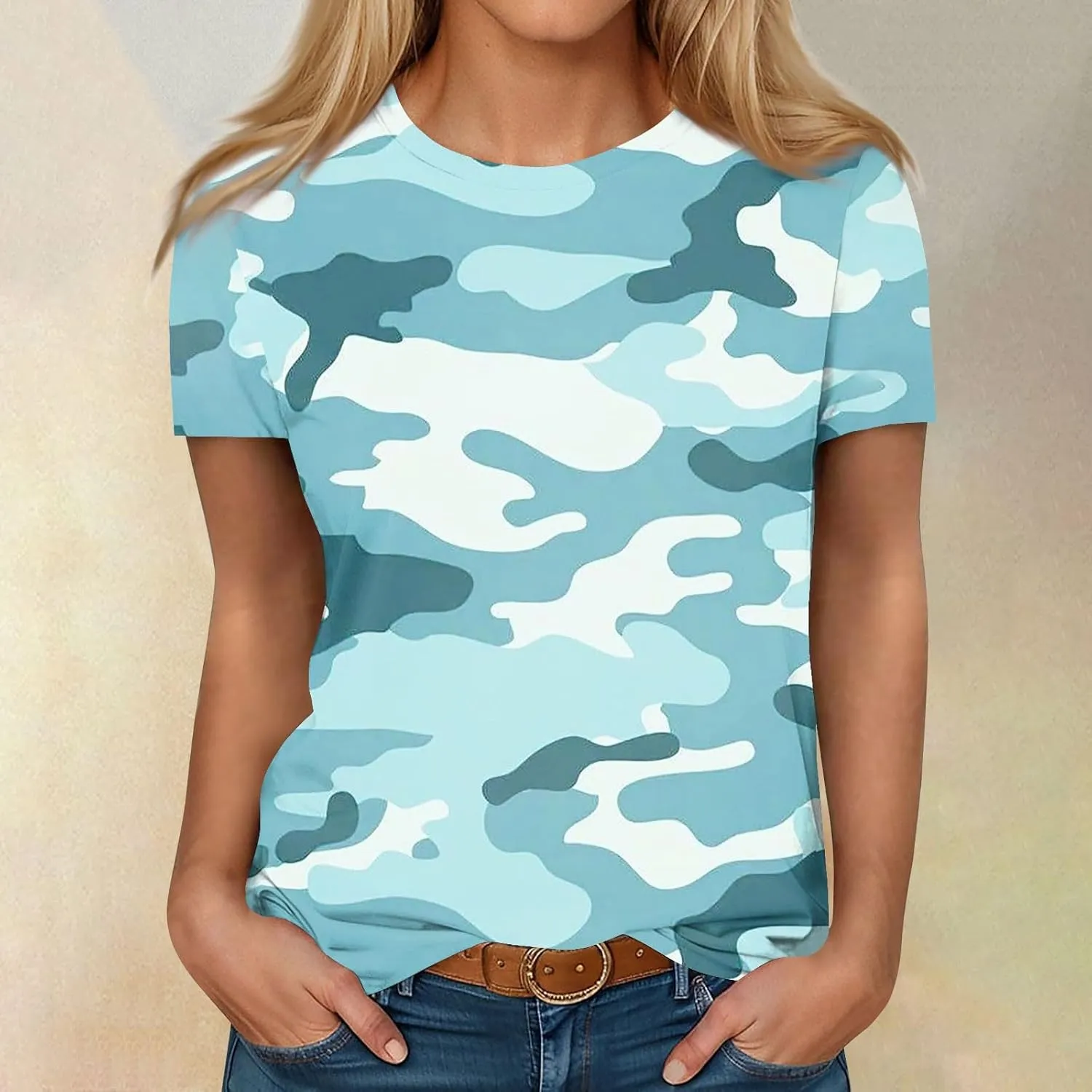 Womens Tops 2025 Summer Crew Neck Short Sleeved Camouflage T-Shirt Oversized Loose Casual Shirt Funny Graphic Tee