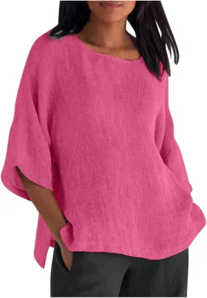 Womens Tops Casual Cotton Linen Tees Cropped Sleeve Shirts Spring Summer Fashion Clothing Solid Crewneck Tshirt
