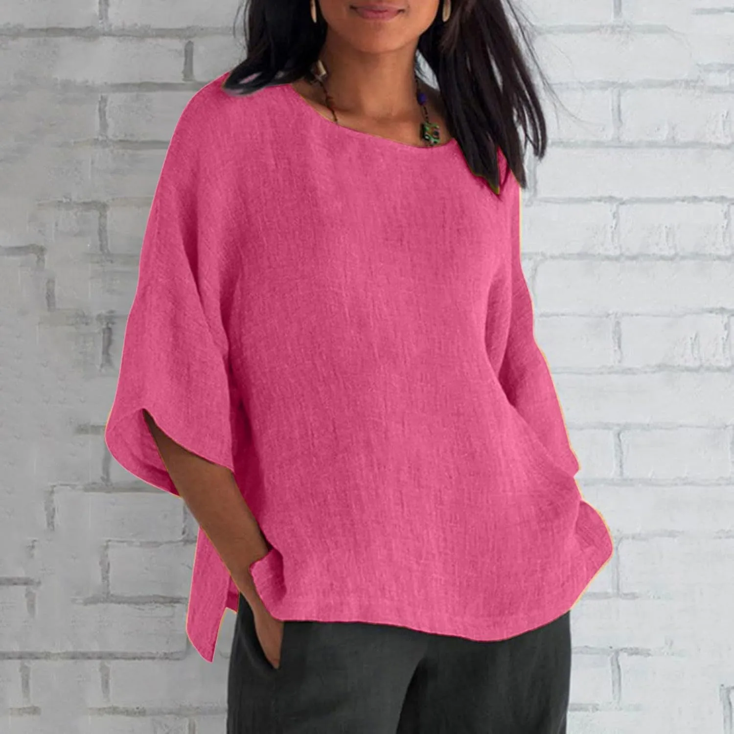 Womens Tops Casual Cotton Linen Tees Cropped Sleeve Shirts Spring Summer Fashion Clothing Solid Crewneck Tshirt