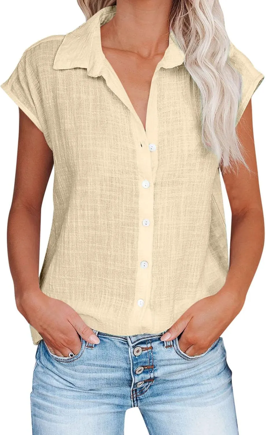 Womens Tops Casual Cotton Linen Tees Short Sleeve Shirts Spring Summer Fashion Clothing Button Down Blouses