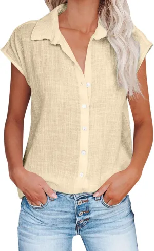 Womens Tops Casual Cotton Linen Tees Short Sleeve Shirts Spring Summer Fashion Clothing Button Down Blouses