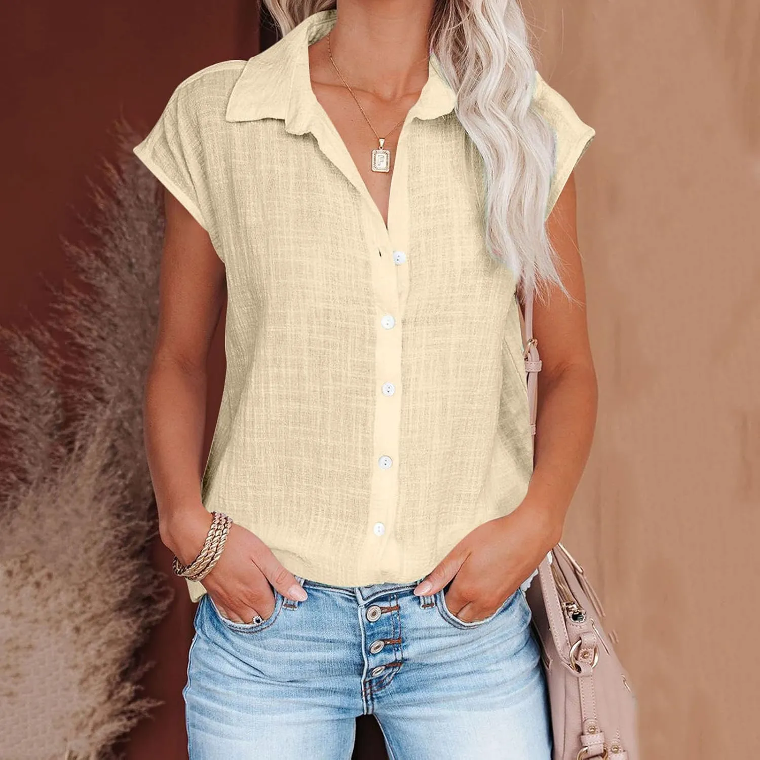 Womens Tops Casual Cotton Linen Tees Short Sleeve Shirts Spring Summer Fashion Clothing Button Down Blouses