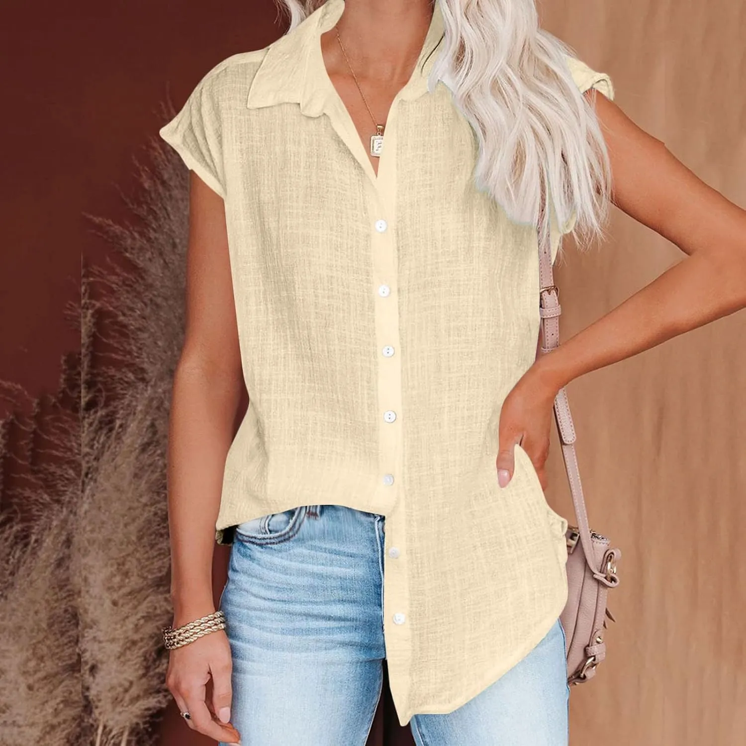 Womens Tops Casual Cotton Linen Tees Short Sleeve Shirts Spring Summer Fashion Clothing Button Down Blouses