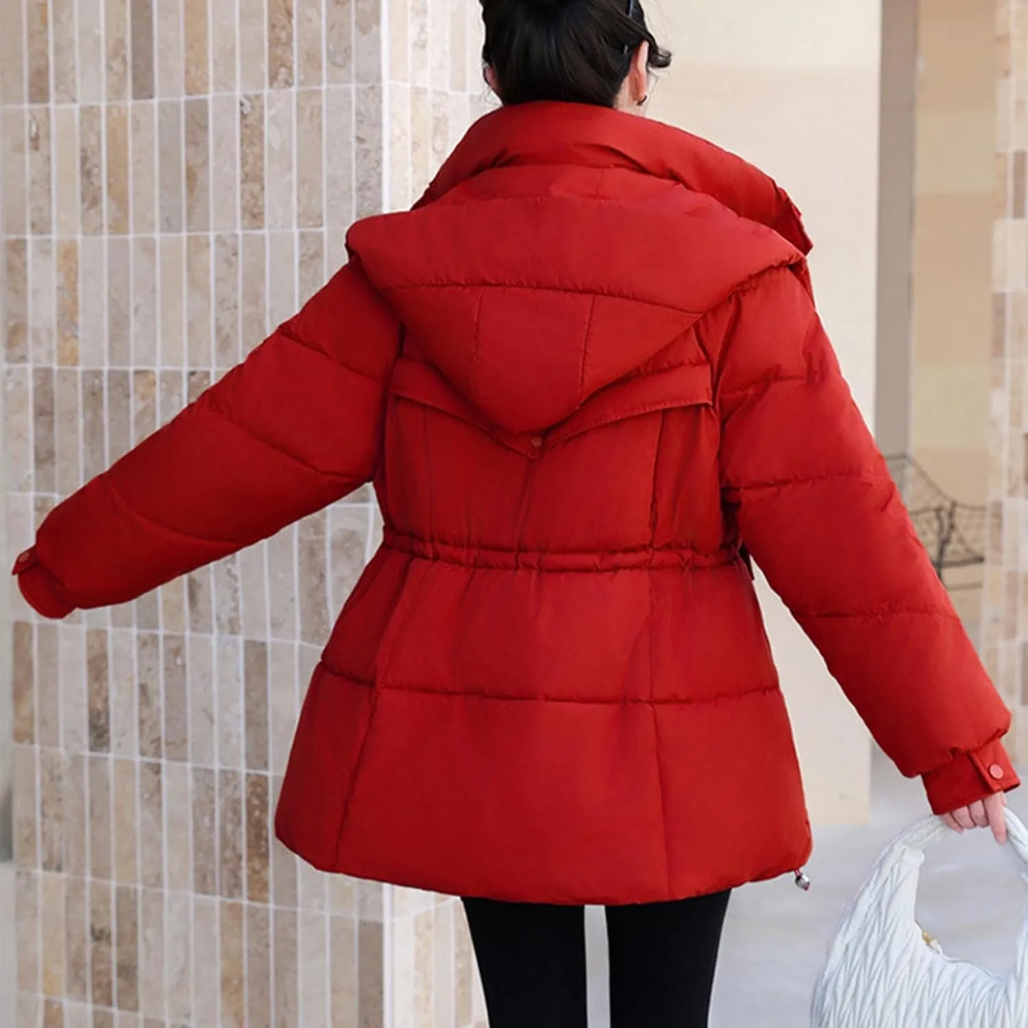 Women's Warm Winter Puffer Coat Parka Thicken Down Jacket Stand Collar Hood Belted Casual Coats with Pockets