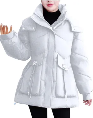 Women's Warm Winter Puffer Coat Parka Thicken Down Jacket Stand Collar Hood Belted Casual Coats with Pockets