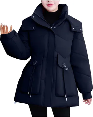 Women's Warm Winter Puffer Coat Parka Thicken Down Jacket Stand Collar Hood Belted Casual Coats with Pockets